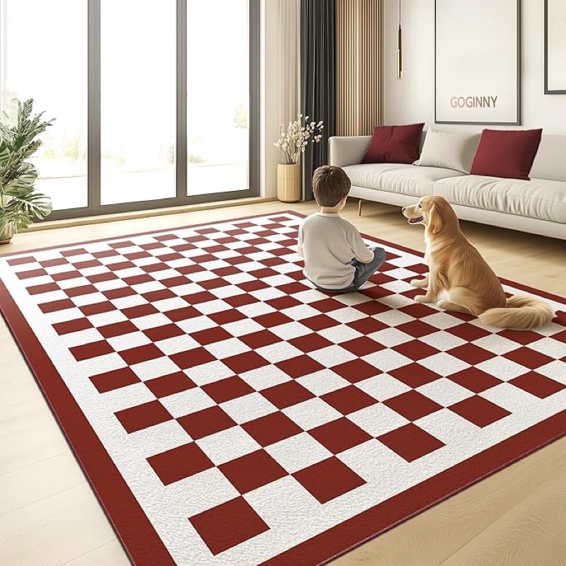 Area Rug 5x7, Washable Checkered Rug Non Slip, Modern Geometric Indoor Low Pile Carpet for Bedroom Living Room Kitchen Laundry Playroom, Red and White 5' x 7' red