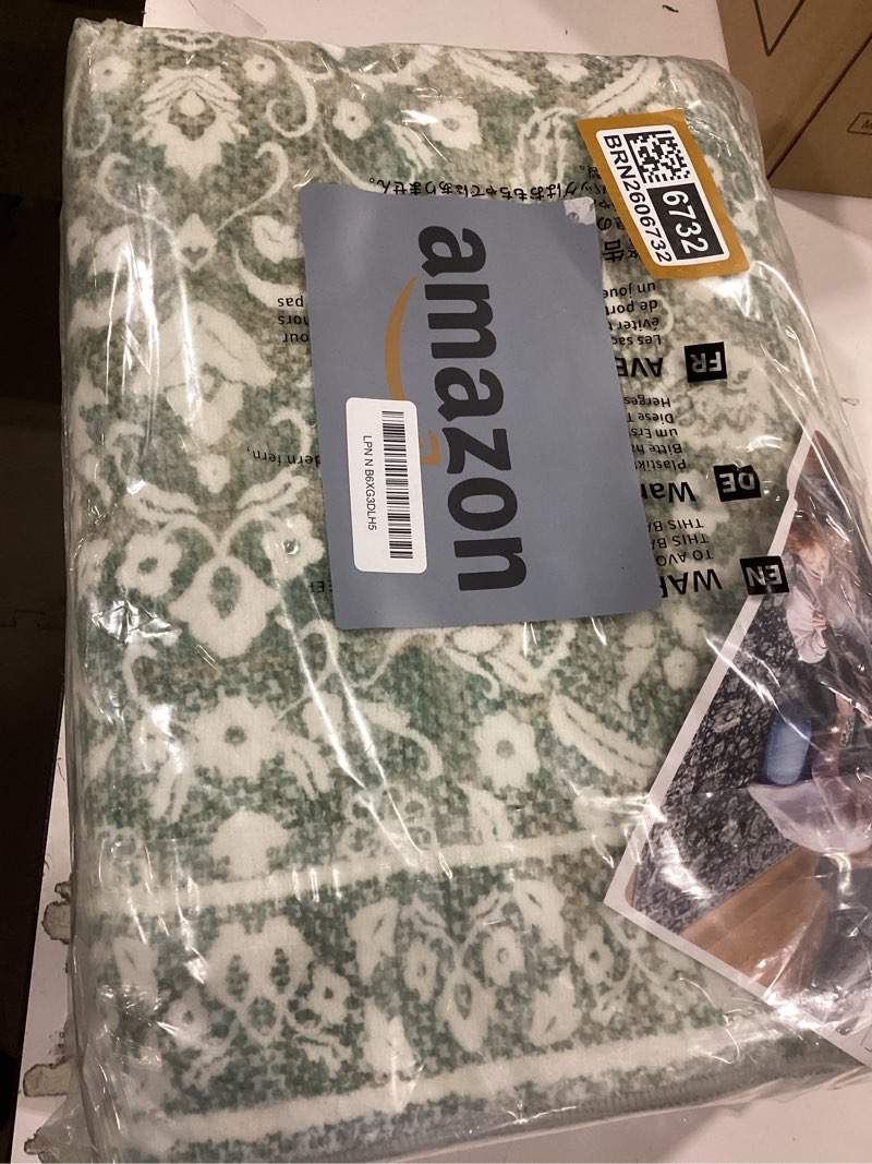 Condition photo showing New/Like New for vintage 2.6x10 hallway runner, sage green beige washable non-slip long hallway carpet, super soft kitchen runner, print faux wool floral thin carpet for entryway 2'7" x 10' (runner) muted sage green with beige accents