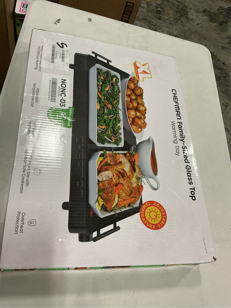 Condition photo showing New/Like New for chefman electric warming tray with adjustable temperature control perfect for buffets restaurants parties events and home dinners large 21‚äù x 16‚äù glass-top surface keeps food hot ‚äì black stainless black large - 21 x 16""