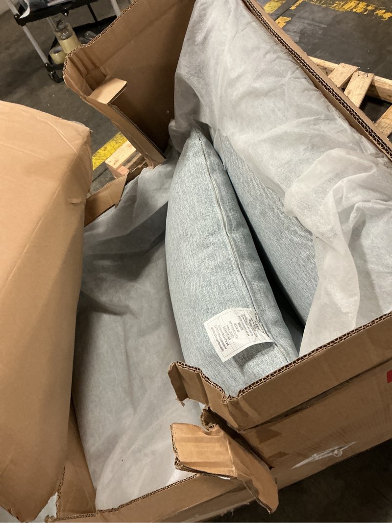 Condition photo showing Good Condition for Martha Stewart London Swivel Chair - Solid Wood & Plywood, Skirted Metal Base Accent Armchair, Lumbar Pillow -Modern Classic Family Room Sofa Furniture Bedroom Lounge, 28"X31.5"X35.25", Light Blue Light Blue 28"W x 31.5"D x 35.25"H