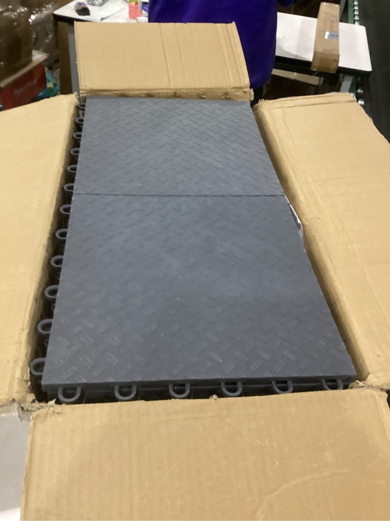 Condition photo showing Good Condition for garage floor tiles interlocking garage flooring tiles pack of 48 antislip oil and stain resistant for garages shop floors basements 40000 lbs load capacity (gray, 12 inch x 12 inch, non drain tiles) gray 12 inch x 12 inch non drain tiles
