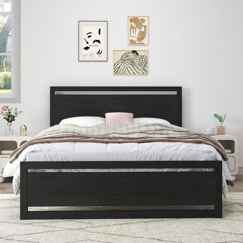 Sha Cerlin Black Queen Size Heavy Duty Metal Platform Bed Frame with Wooden Headboard & Footboard, Adult