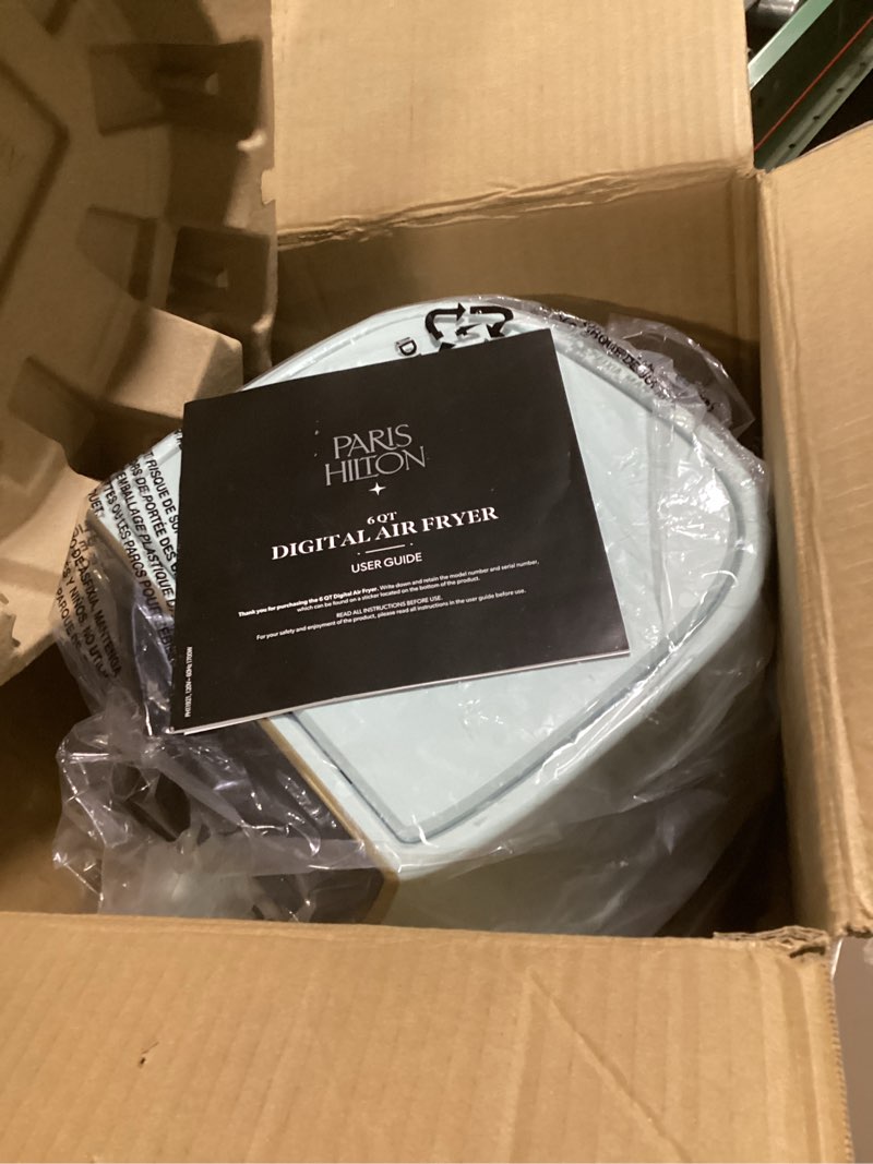 Condition photo showing New/Like New for Paris Hilton Air Fryer, Large 6-Quart Capacity, Nonstick Made without PFAS, Touchscreen Display, 8-in-1 (Air Fry, Roast, Broil, Bake, Reheat, Keep Warm, Pizza, Dehydrate), Dishwasher Safe, Aqua