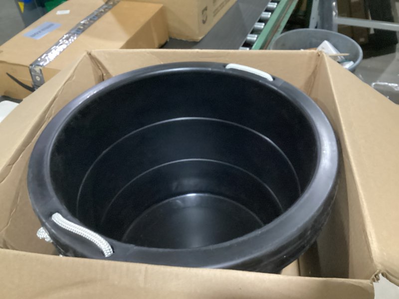 Condition photo showing New/Like New for united solutions 19 gallon rope handle tub, 2-pack, heavy-duty organization and easy-access storage tub, multi-purpose, made with rugged plastic, black