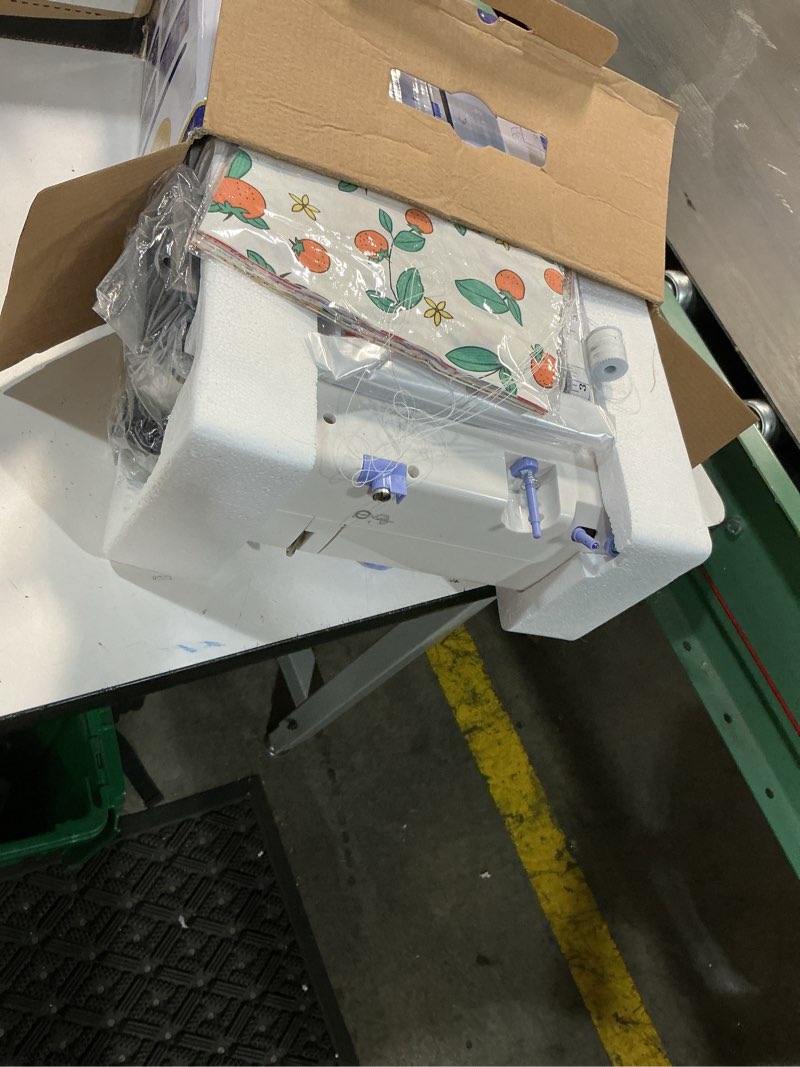 Condition photo showing As Is for stoigeld sewing machine for beginners with 20pcs fabric & 32pcs sewing threads kit,portable sewing machine with 12 built-in stitches & 2 speed(high-low speeds)-bw blue,white