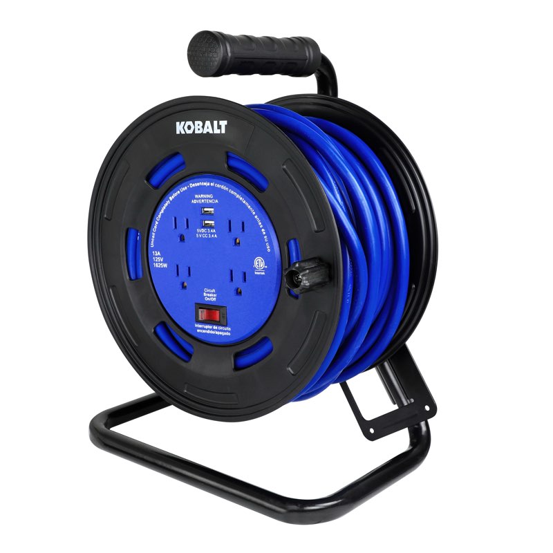 kobalt 4-outlet black/blue cord reel 2-usb w/80ft 14/3 sjt