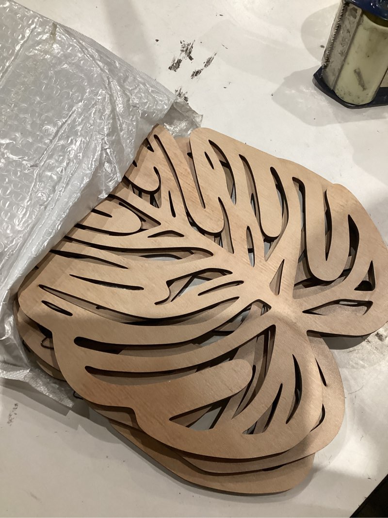Condition photo showing As Is for palm leaves wood wall decor , 3pcs tropical wall art jungle decor, wooden natural leaves plant wall decor, vintage tropical plant plaque for home living room kitchen bedroom bathroom & garden, light brown