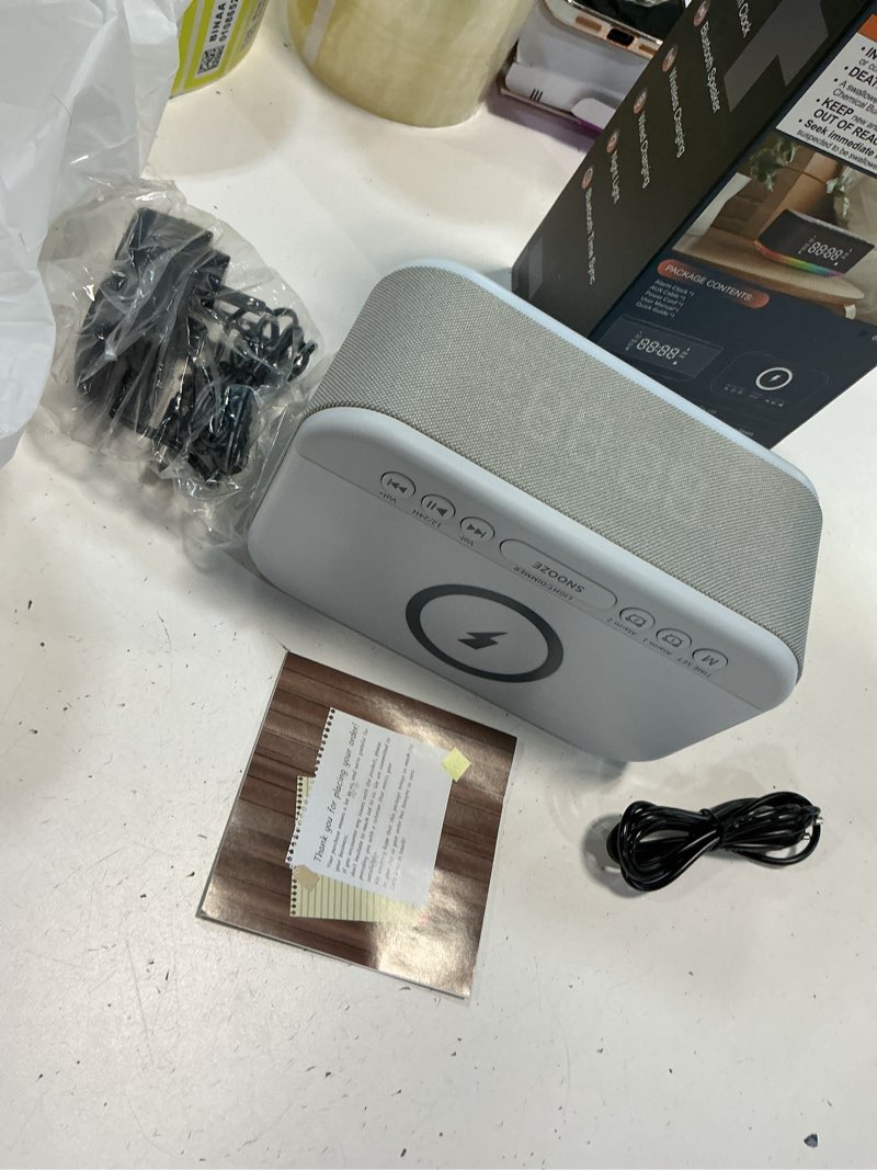 Condition photo showing Good Condition for Alarm Clock Speaker Wireless Charger, Digital Alarm Clocks Bedrooms Bluetooth, Alarm Clock Dimmable Light Bedrooms Bluetooth Speaker Dual Alarm Snooze 12/24H Dimmer Support USB AUX, Grey Gray
