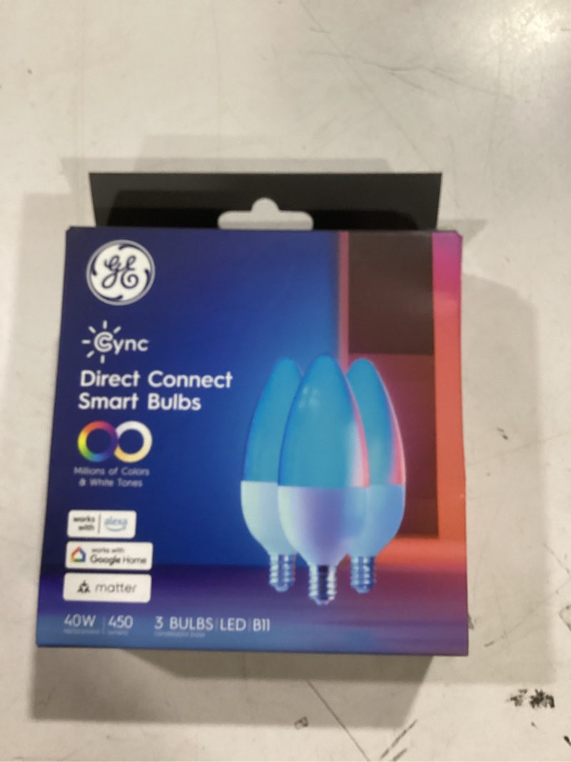 Condition photo showing New/Like New for GE Cync Smart LED Light Bulbs, Color Changing Decorative Light Bulbs, Indoor WiFi Lights, Matter Compatible, Compatible with Alexa and Google Home, Candelabra Base (3 Pack)