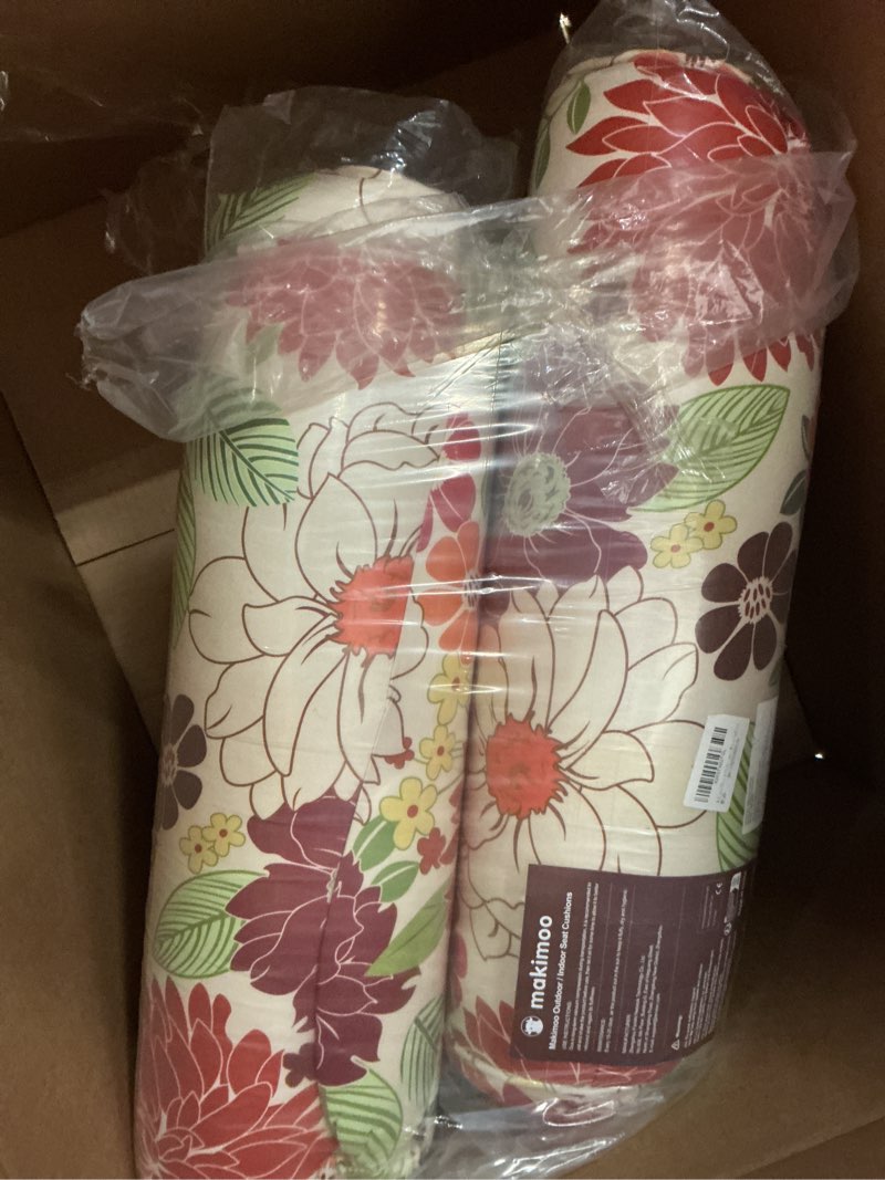 Condition photo showing Good Condition for set of 4 outdoor dining chair cushions, comfort patio seating cushions, 44 x21x4.5 inch, single welt and zipper, (4, blue and red leaves) blue and red leaves 4