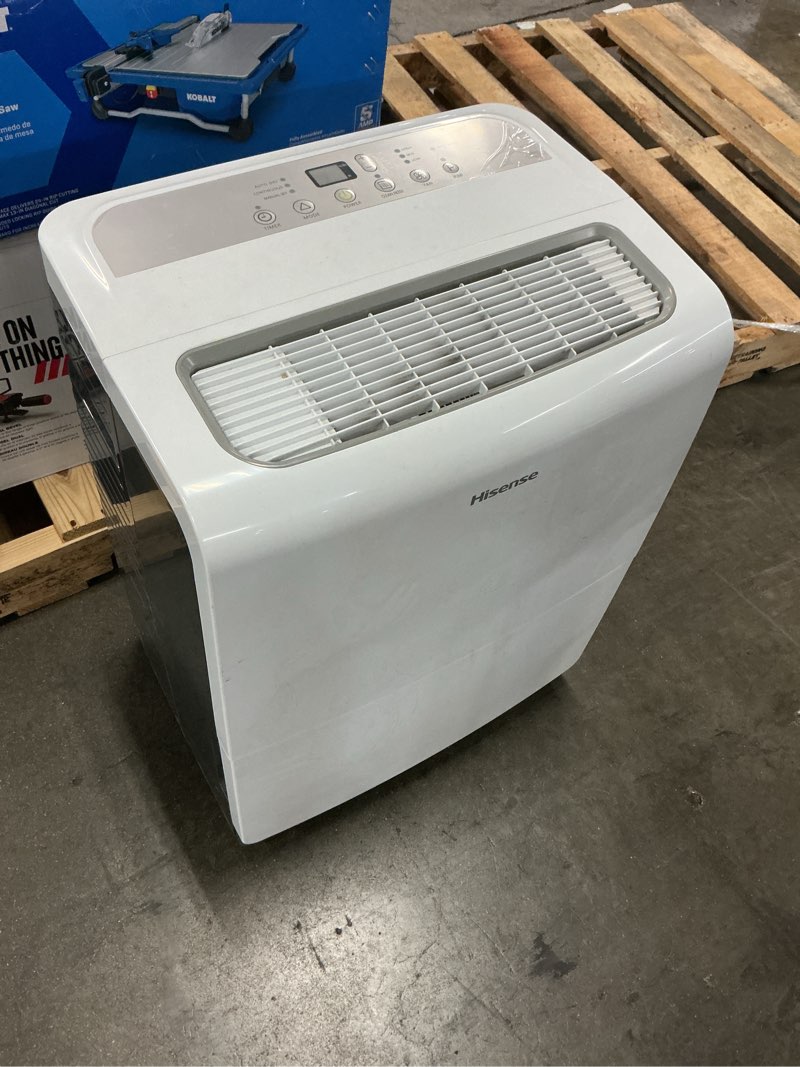 Condition photo showing As Is for hisense 60-pint capacity, 4500 sq. ft. coverage, built-in pump dehumidifier