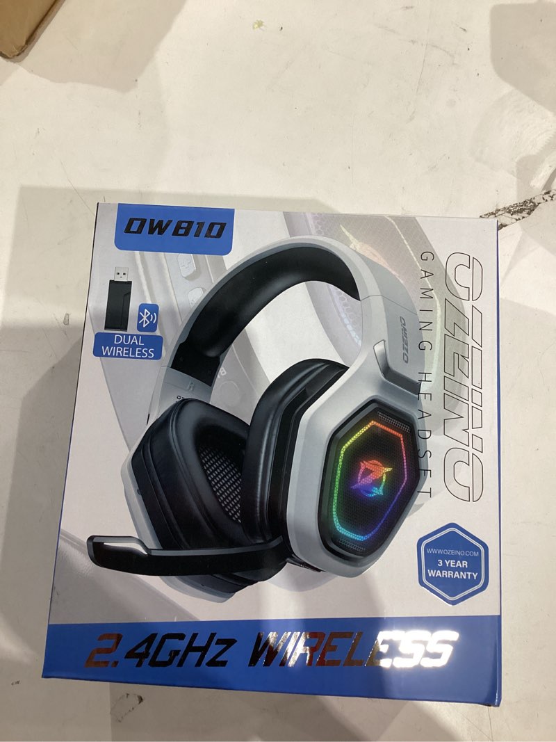 Condition photo showing Good Condition for Ozeino 2.4GHz Wireless Gaming Headset for PC, Ps5, Ps4 - Lossless Audio USB & Type-C Ultra Stable Gaming Headphones with Flip Microphone, 40-Hr Battery Gamer Headset for Switch, Laptop, Mobile, Mac Black and White