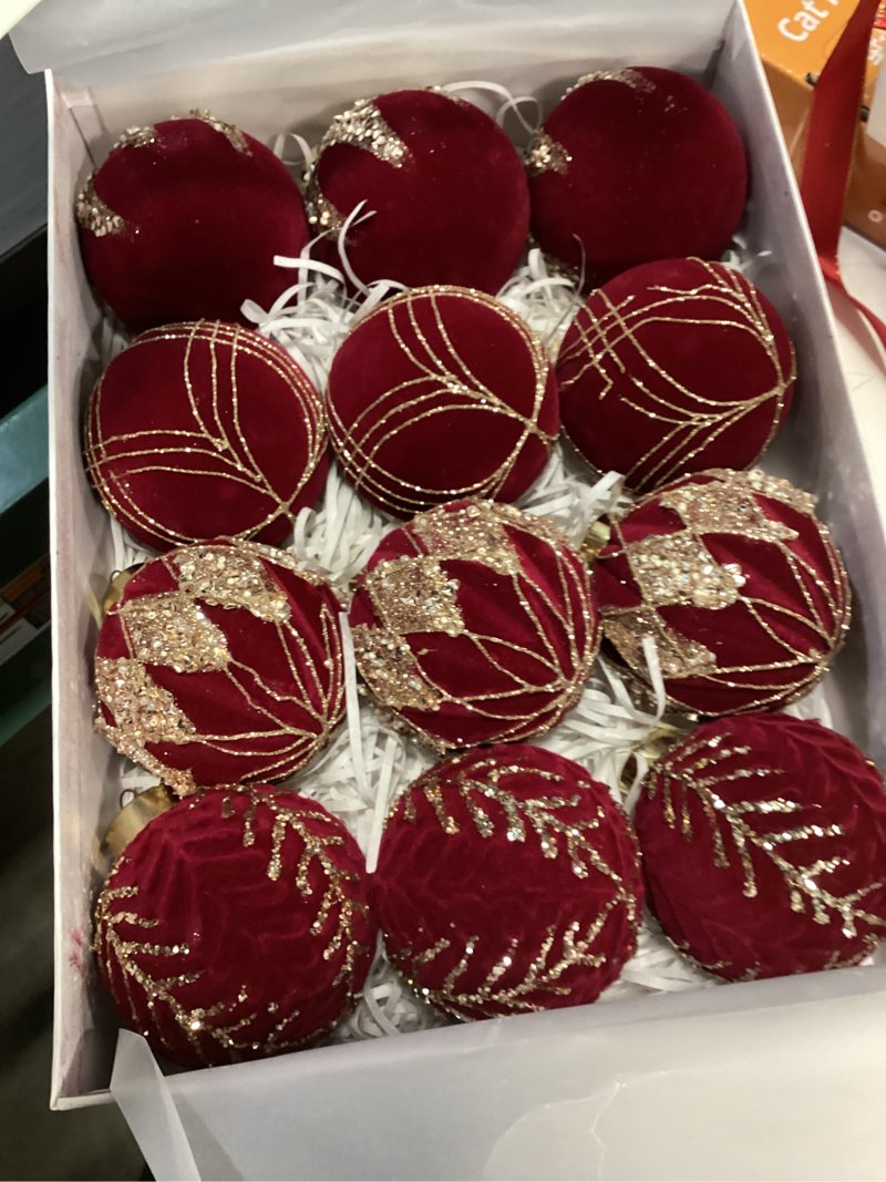 Condition photo showing New/Like New for 12pcs velvet glitter christmas ball ornaments, 3.15 inches luxury christmas decorations, elegance modern hanging ornaments for xmas tree, party, wedding, home decor (red)