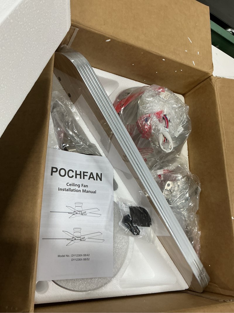 Condition photo showing New/Like New for 52 Inch Ceiling Fans with Lights and Remote, Brushed Nickel Flush Mount Low Profile Ceiling Fan for Bedroom, Living Room, Patio, Dimmable 6 Speeds Noiseless, ETL Listed Brushed Nickel 52 Inch