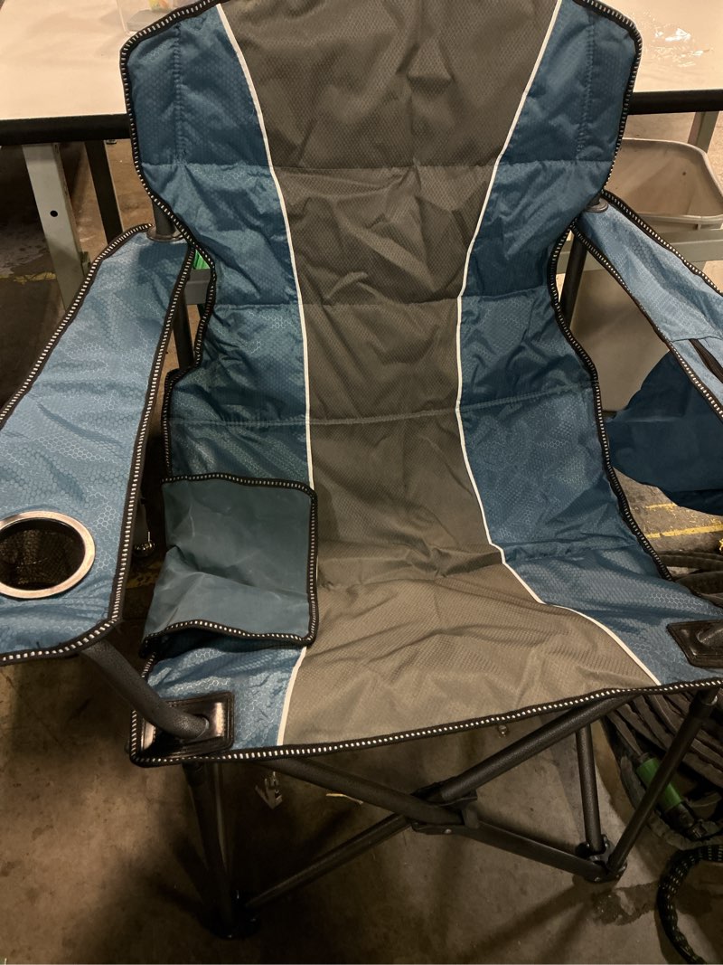 Condition photo showing Good Condition for style selections polyester blue and gray folding camping chair carrying strap/handle included