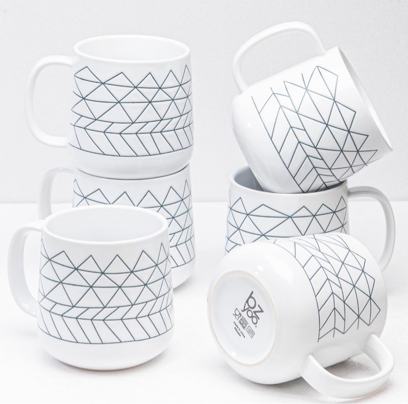 bzyoo Ceramics 14oz Coffee Mug Set of 6 - Tea Cups with Handle Ceramic Mug Set - Microwave and Dishwasher Safe, White with Blue Strip Spidy Collection