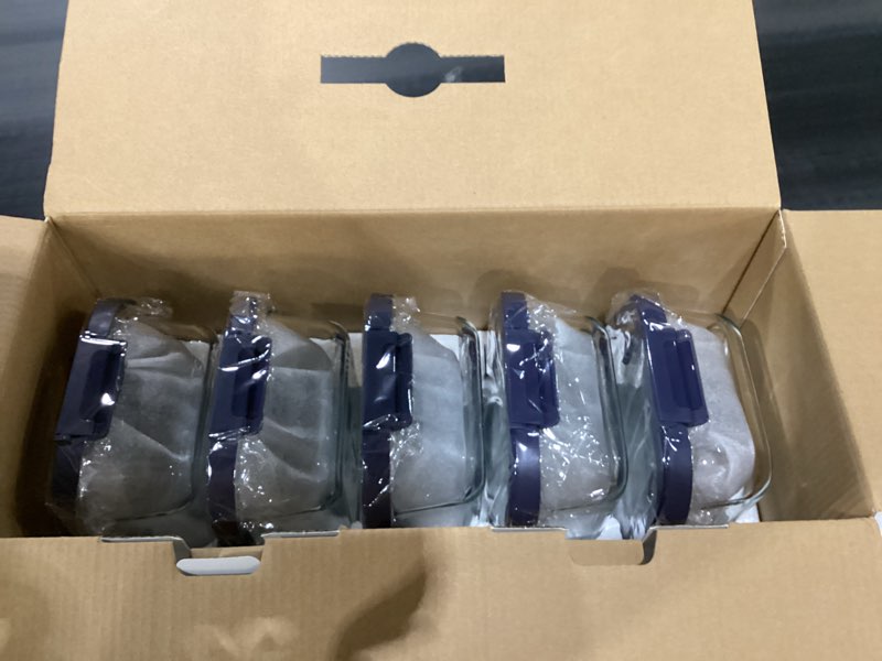 Condition photo showing New/Like New for 10-pack glass food storage containers with tempered lids – borosilicate, airtight, oven-safe (-4°f~950°f), bpa-free, 4.4 & 1.6 cup, leak-proof, dishwasher safe (blue) tempered lids blue 4.4cup*5 & 1.6 cup*5