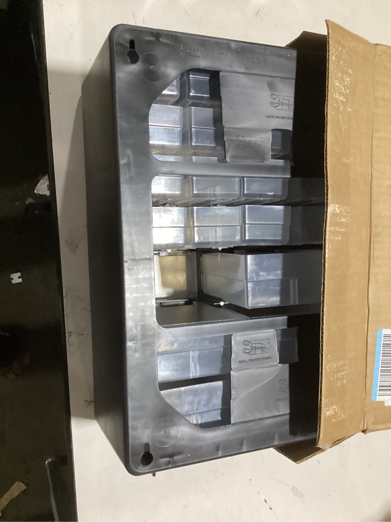 Condition photo showing As Is for Akro-Mils 44-Drawer Plastic Drawer Storage Cabinet for Garage Organization, Bead Organizer, Building Bricks Storage, Teacher Toolbox, Makeup Organizer, 20" W x 6" D x 16" H, 10144 Black Black 44 Drawer 1 pack