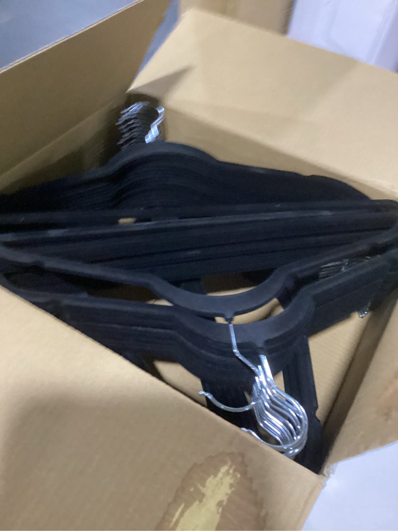 Condition photo showing Good Condition for HOUSE DAY Black Velvet Hangers 60 Pack, Non Slip Clothes Felt Hanger Heavy Duty for Coat, Premium Slim Space Saving Suit Hangers for Closet Organizer, 360° Rotating Silver Hook Black 60 Pack