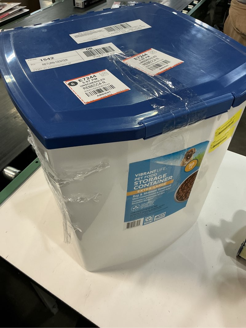Condition photo showing As Is for vibrant life pet food storage container, extra large, 50 lb capacity