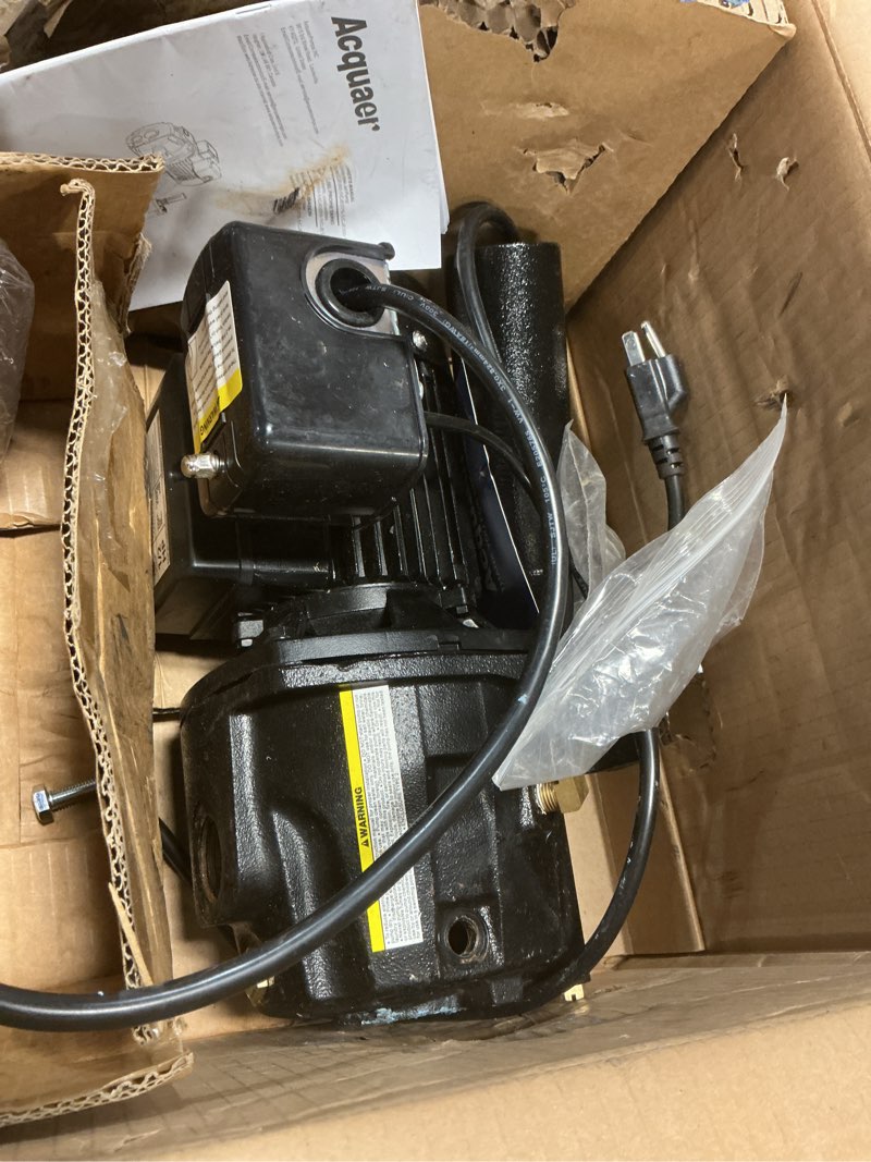 Condition photo showing As Is for acquaer shallow/deep well jet pump, cast iron convertible pump with ejector kit, well depth up to 25ft or 90ft, 115v/230v dual voltage, automatic pressure switch,1/2hp
