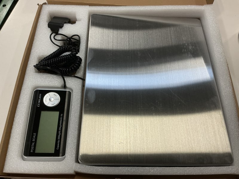 Condition photo showing As Is for Shipping Scales 440lbs x 1.76oz Stainless Steel Large Platform,Small Business,Superlight High Accurate Postal Scales for Shipping Packages,Post Offices,Luggage Scale Battery and Adapter