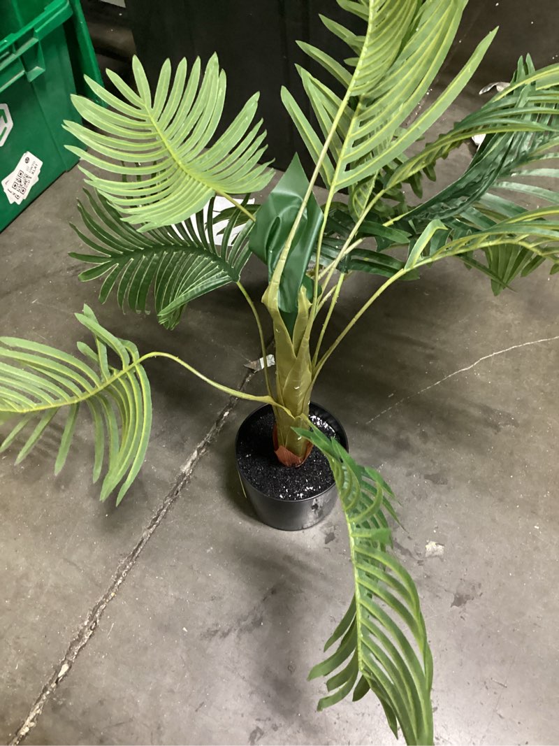 Condition photo showing As Is for mainstays artificial plant, palm plant, 3.33 ft, black plastic pot