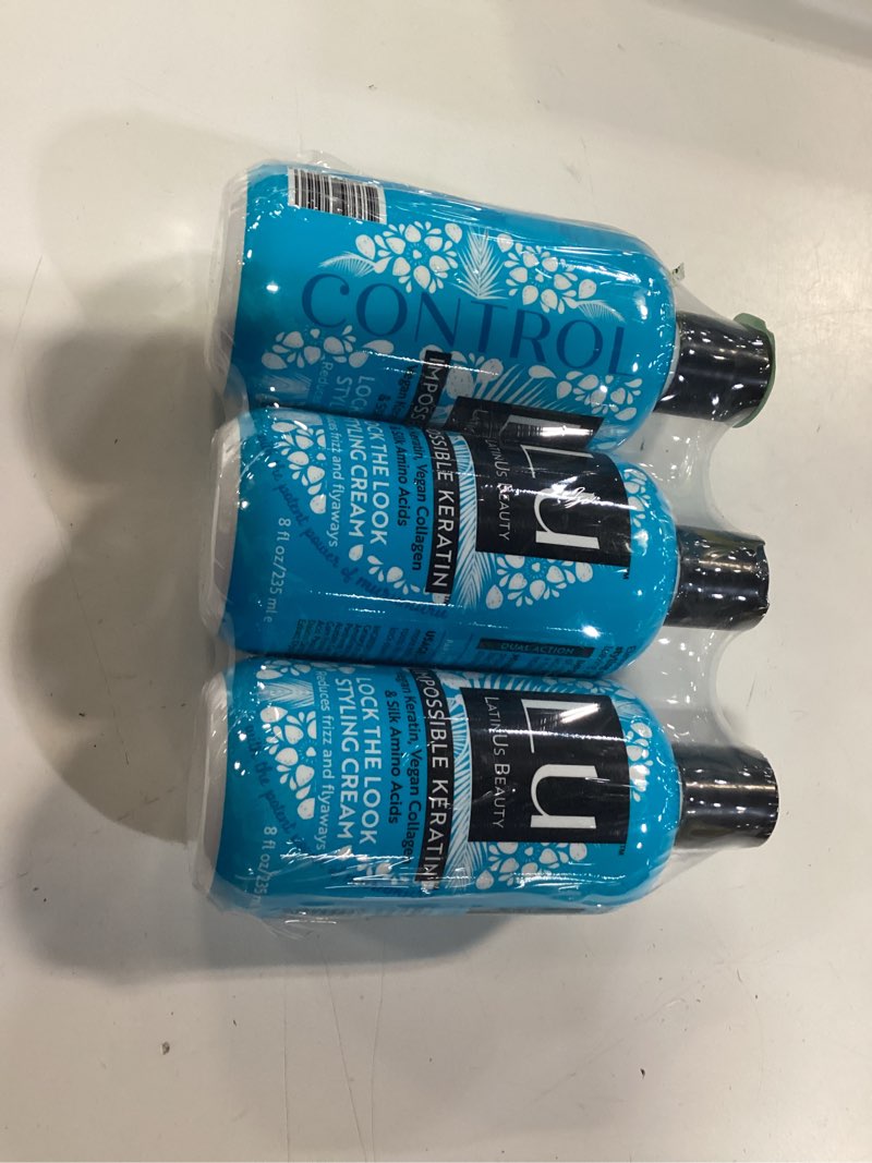 Condition photo showing New/Like New for beauty control collection, impossible keratin anti-frizz shampoo (12 oz) + conditioner (12 oz) + styling cream (8 oz) for frizzy, hard to manage hair