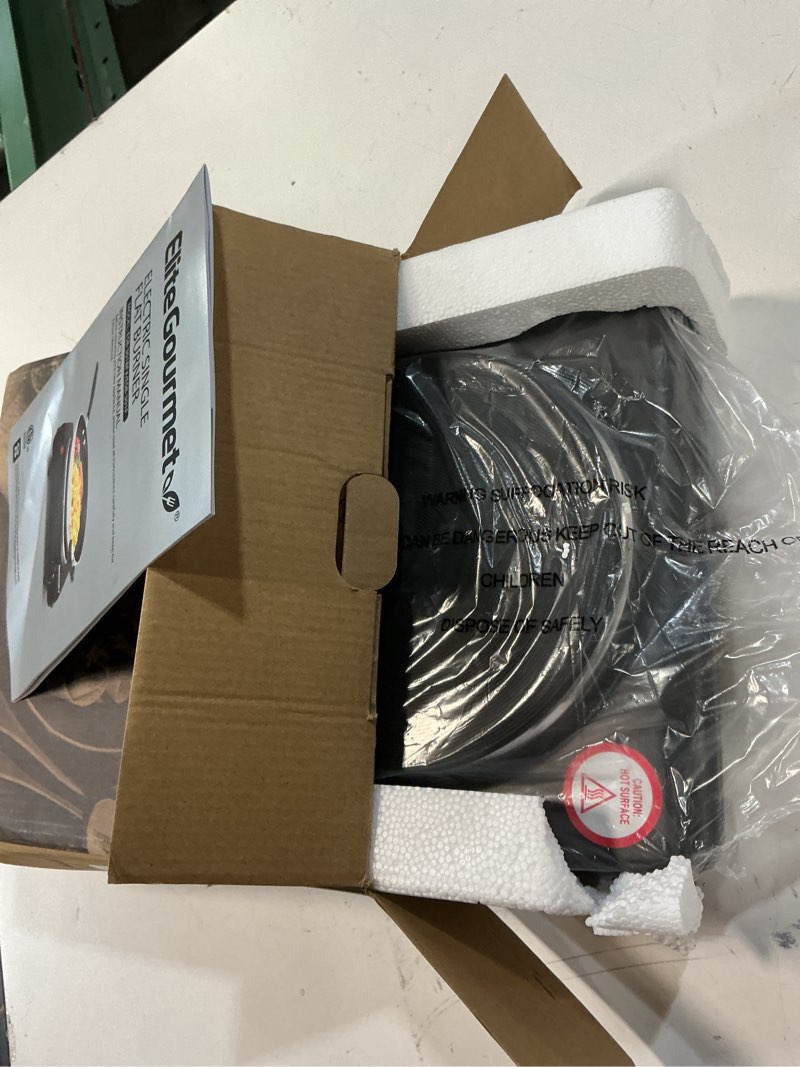 Condition photo showing New/Like New for elite gourmet esb-301bf# countertop single cast iron burner, 1000 watts electric hot plate, temperature controls, power indicator lights, easy to clean, black