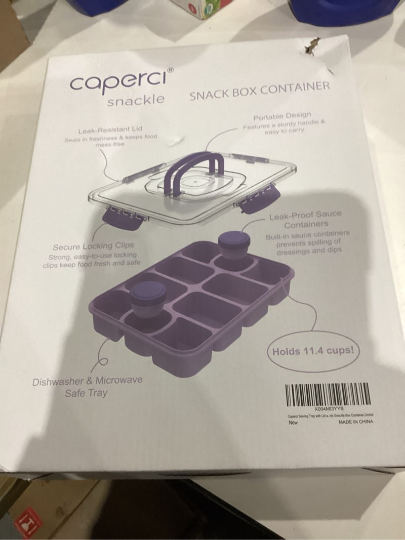 Condition photo showing New/Like New for Caperci Original Snackle Box Container - 10-Compartment Snack Divided Serving Tray with Lid & Handle, 2 Dressing Containers, Perfect for Picnic Party, Leak-Proof, Dishwasher Safe, BPA-Free (Orchid)