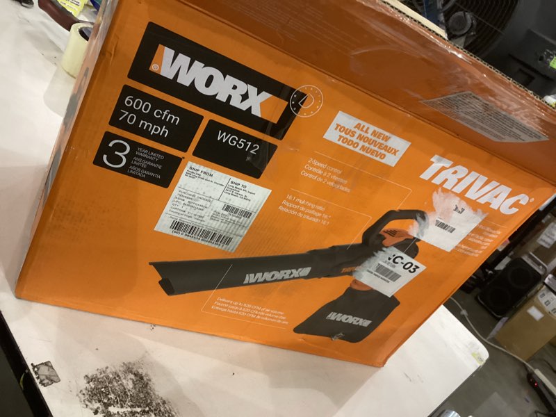 Condition photo showing As Is for worx 12 amp trivac 3-in-1 electric leaf blower/mulcher/yard vacuum - wg512