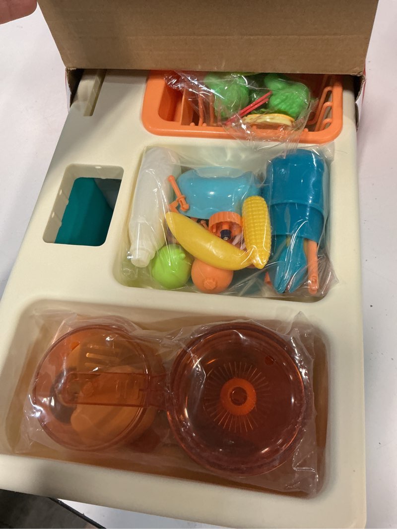 Condition photo showing New/Like New for cute stone play kitchen sink toys with upgraded real faucet, play cooking stove, cookware pot and pan,play food, color changing dishes accessories for boys girls toddlers blue