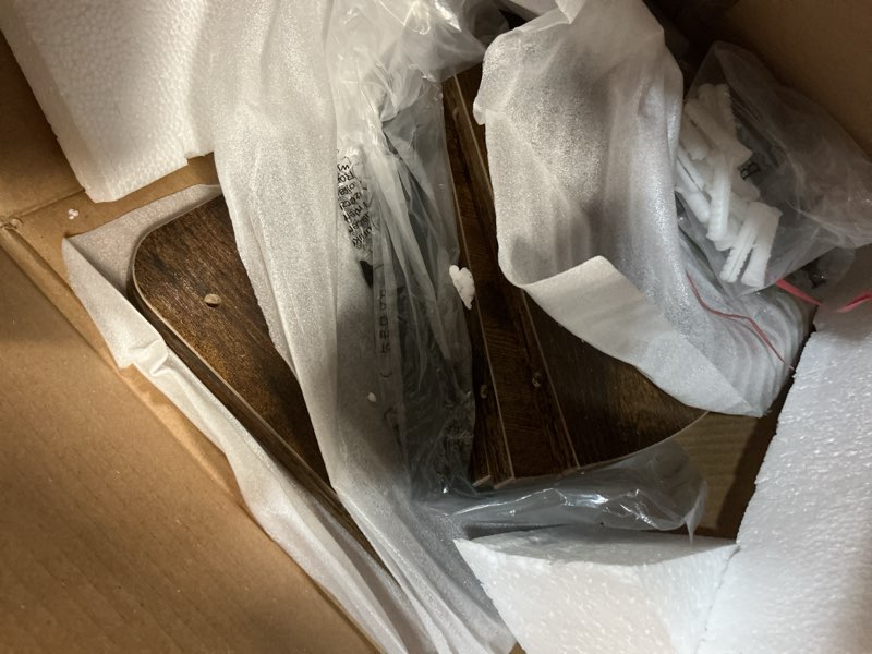 Condition photo showing Good Condition for yaohuoo corner shelf wall mounted with light, set of 3 corner floating shelves with cord hole for cable box, round end wall mounted floating shelf for bedroom, living room and kitchen, rustic brown