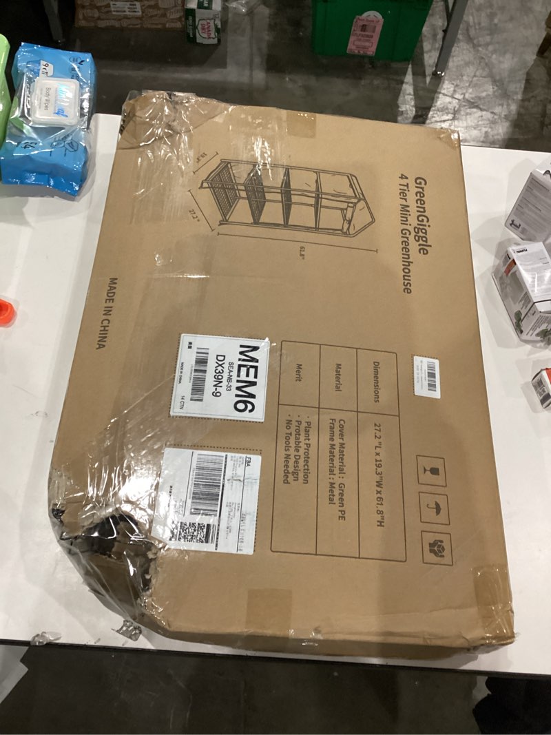 Condition photo showing As Is for 4 Tier Mini Indoor Greenhouse,27"x19"x62" Greenhouses with PE Cover and Roll-Up Zipper Door,Plastic Green House for Inside Grow Tent&Garden greenhouses for Outdoors