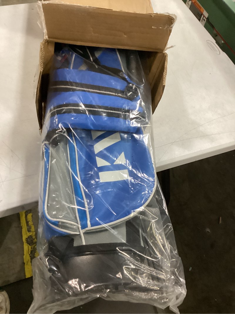Condition photo showing New/Like New for kvv junior complete golf club set for kids/children right hand, includes oversize driver, irons, putter, head cover, portable golf stand bag age 11-13 blue 11-13