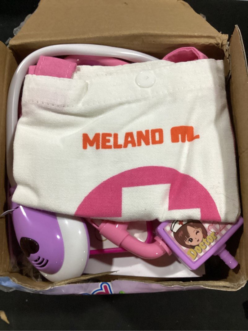 Condition photo showing Good Condition for meland toy doctor kit for girls, pretend play toy doctor set with dog , carrying bag, stethoscope & dress up costume gift for kids toddlers ages 3 4 5 6 year old for role play pink with doll