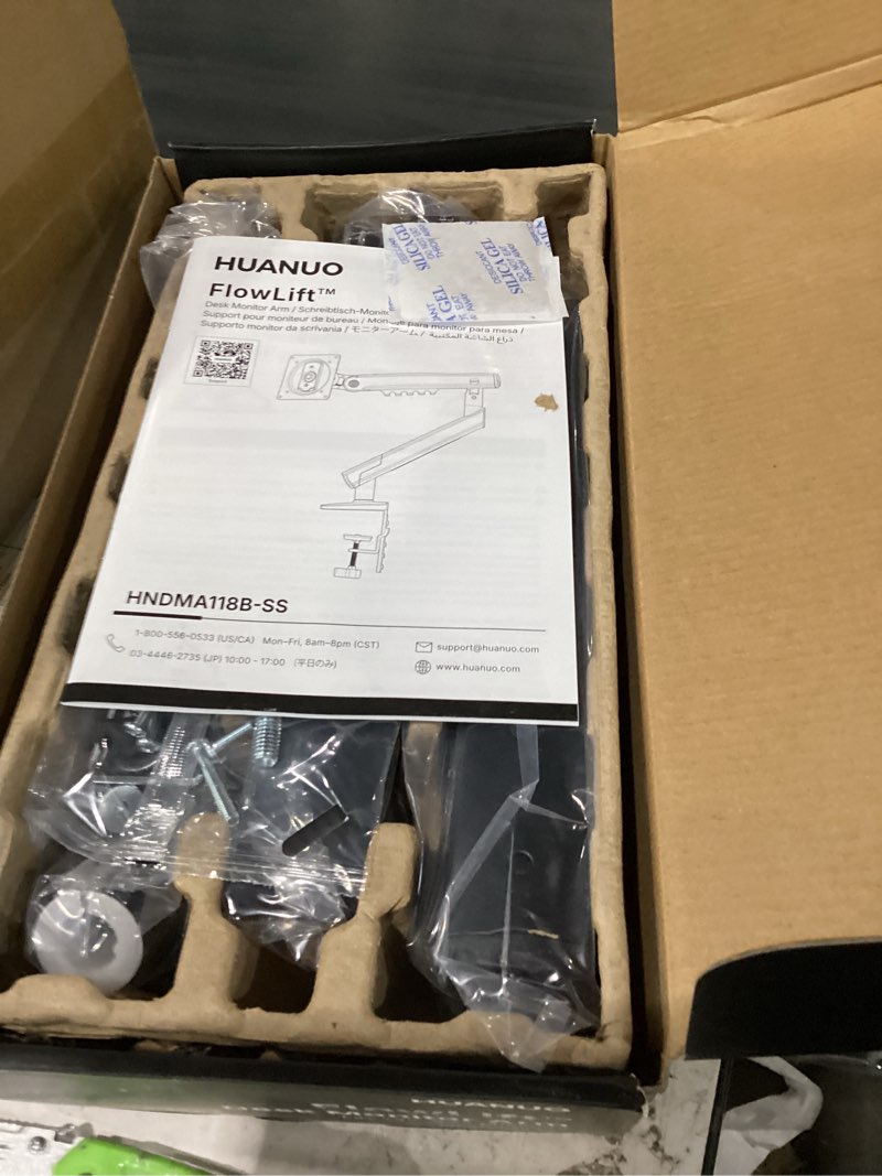 Condition photo showing New/Like New for huanuo flowlift™ pro monitor arm for 13–32" screens, mechaspring monitor mount, fully-adjustable monitor stand with tilt/swivel/rotation, tool-free vesa mount, c-clamp/grommet base, max load 19.8 lbs