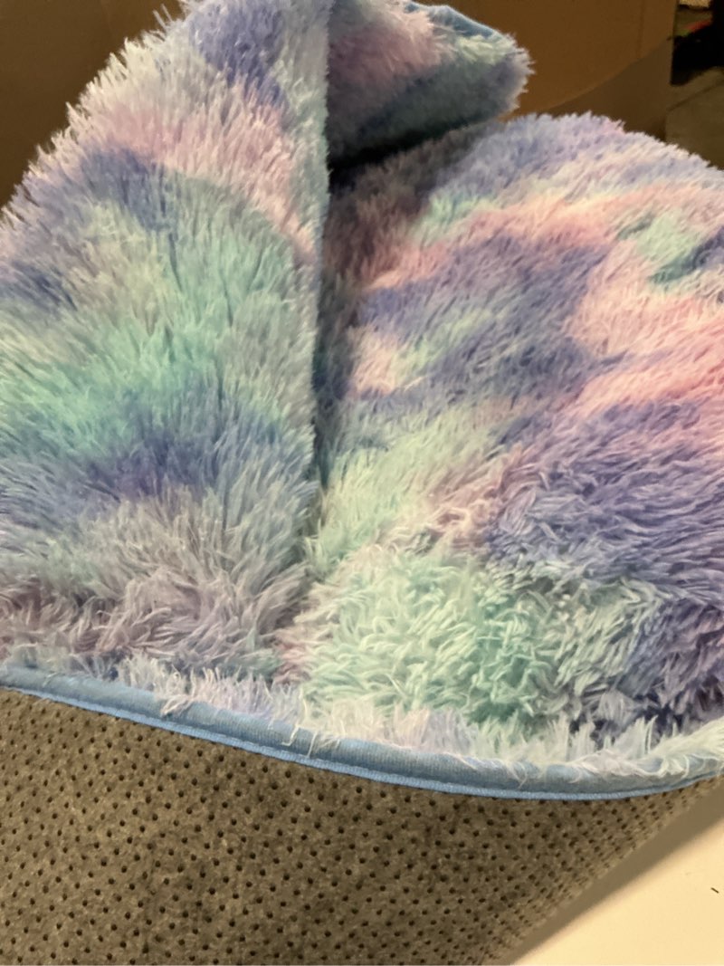 Condition photo showing As Is for Amdrebio Blue Purple Rainbow Mermaid Rugs for Bedroom Girls Room Decor Aesthetic, 5x8 Fluffy Kawaii Area Rugs for Kids Room Nursery Dorm, Stitch Frozen Fuzzy Carpet, Cute Plush Furry Baby Toddler Rug 5' x 8' (Rectangular) Blue Purple Rainbow