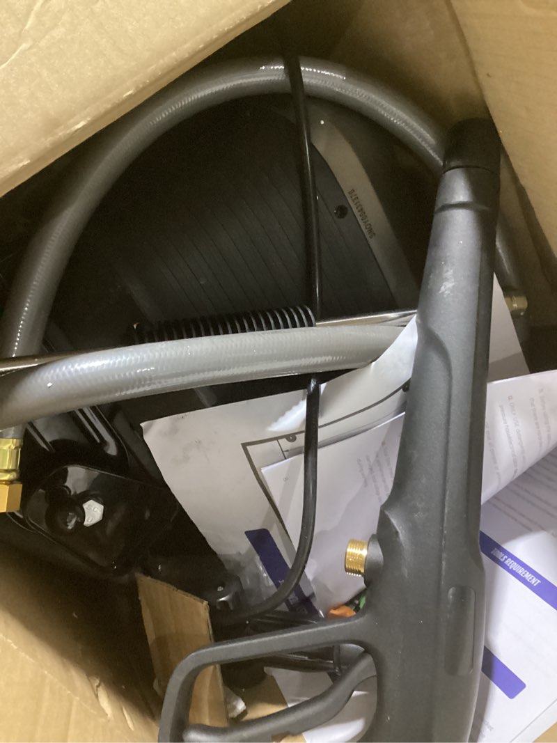 Condition photo showing Good Condition for giraffe tools grandfalls retractable pressure washer g20b, 2500 psi 2.2 gpm, wall mounted power washer with 65ft hose reel, black pressure hoses, 4 nozzles for floor/cars/fences/patios, dark silver