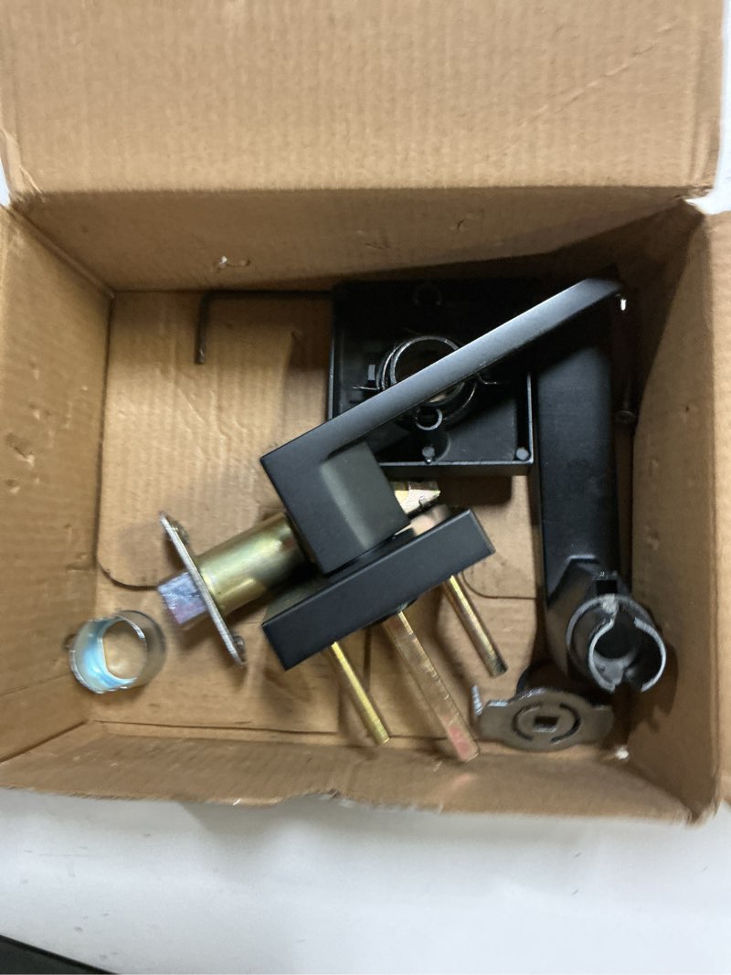 Condition photo showing As Is for kwikset casey interior passage door handle, lever for closet and hallway doors, reversible non-locking handle lever, matte black , with microban protection matte black 1 pack passage