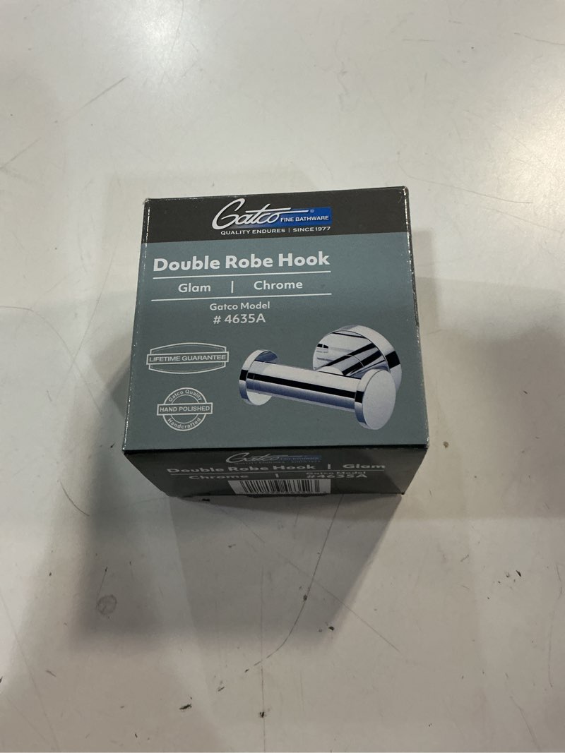 Condition photo showing New/Like New for gatco 4635a glam 2 hook double robe hook, wall mounted hook for bathroom towels & robes, 3.10 inch w, chrome 3.10"w chrome