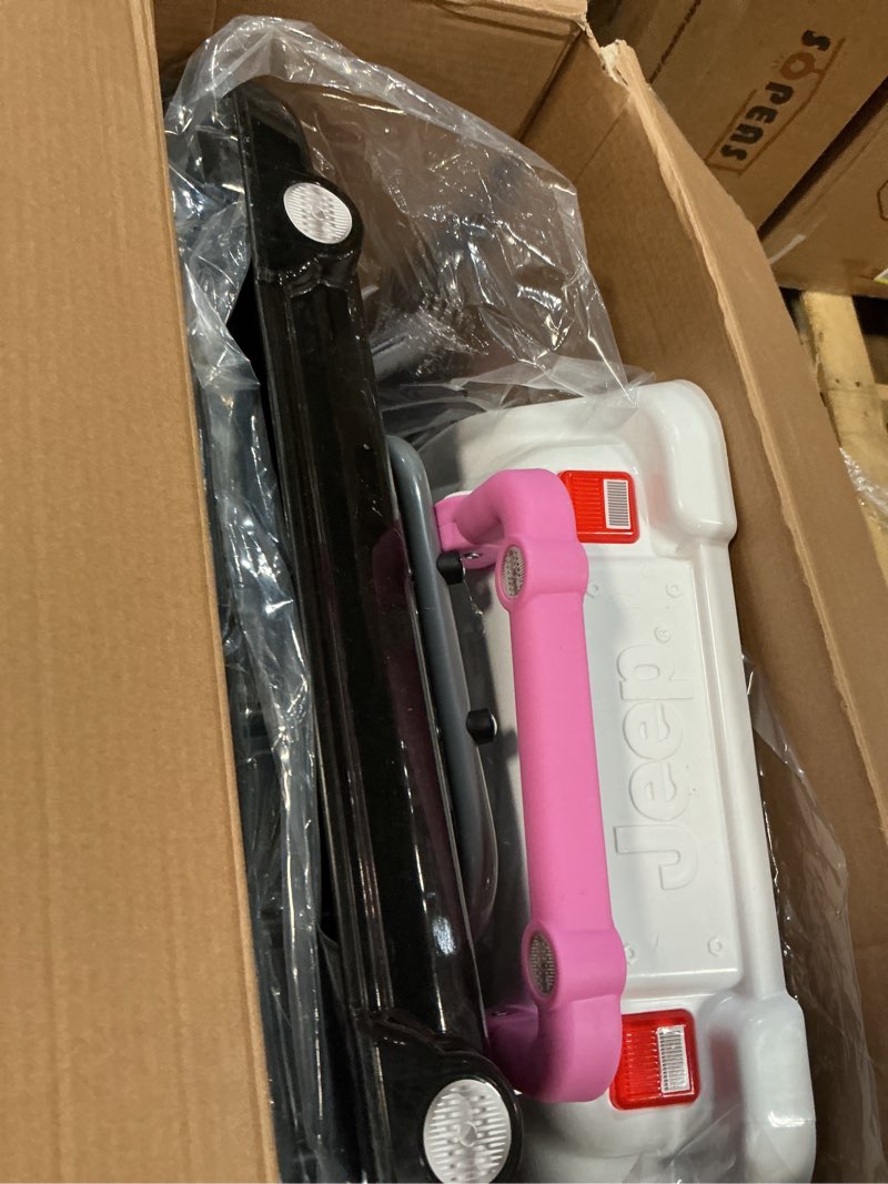 Condition photo showing As Is for jeep classic wrangler 3-in-1 grow with me activity walker - features music, lights, removable play tray, push walker mode, converts into rolling car toy, white/pink