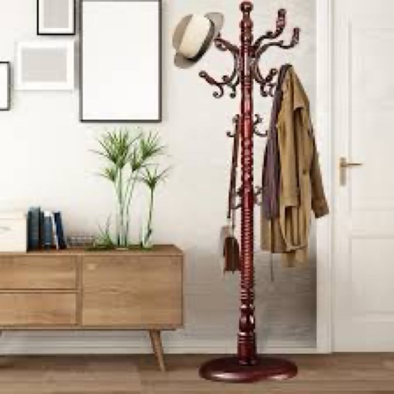 Coat Racks Free Standing with 14 Hooks, Natural Wood Coat Rack with Solid Round Base, Adjustable Hei