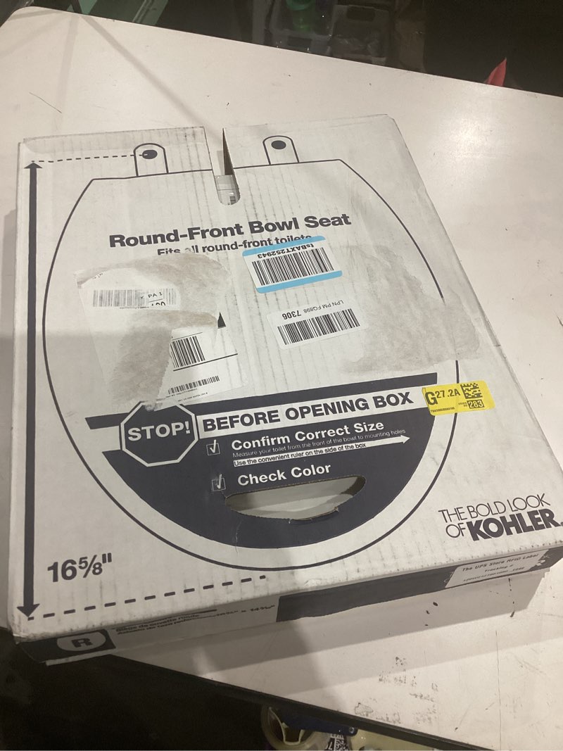 Condition photo showing New/Like New for kohler  round front toilet seat with cover, standard close, quick & easy install, heavy-duty plastic, durable & fade-resistant, white