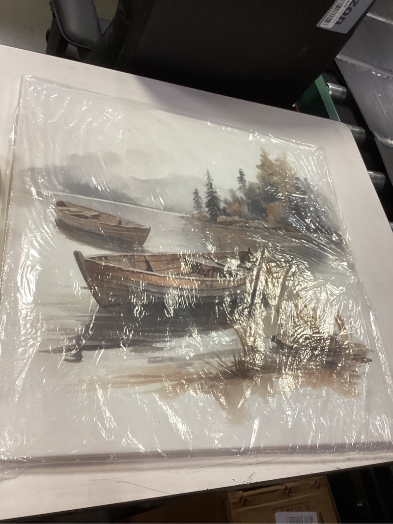 Lake Boat Canvas Wall Art: Modern Nature Tree Landscape Painting Abstract Forest Scene Print Decor H