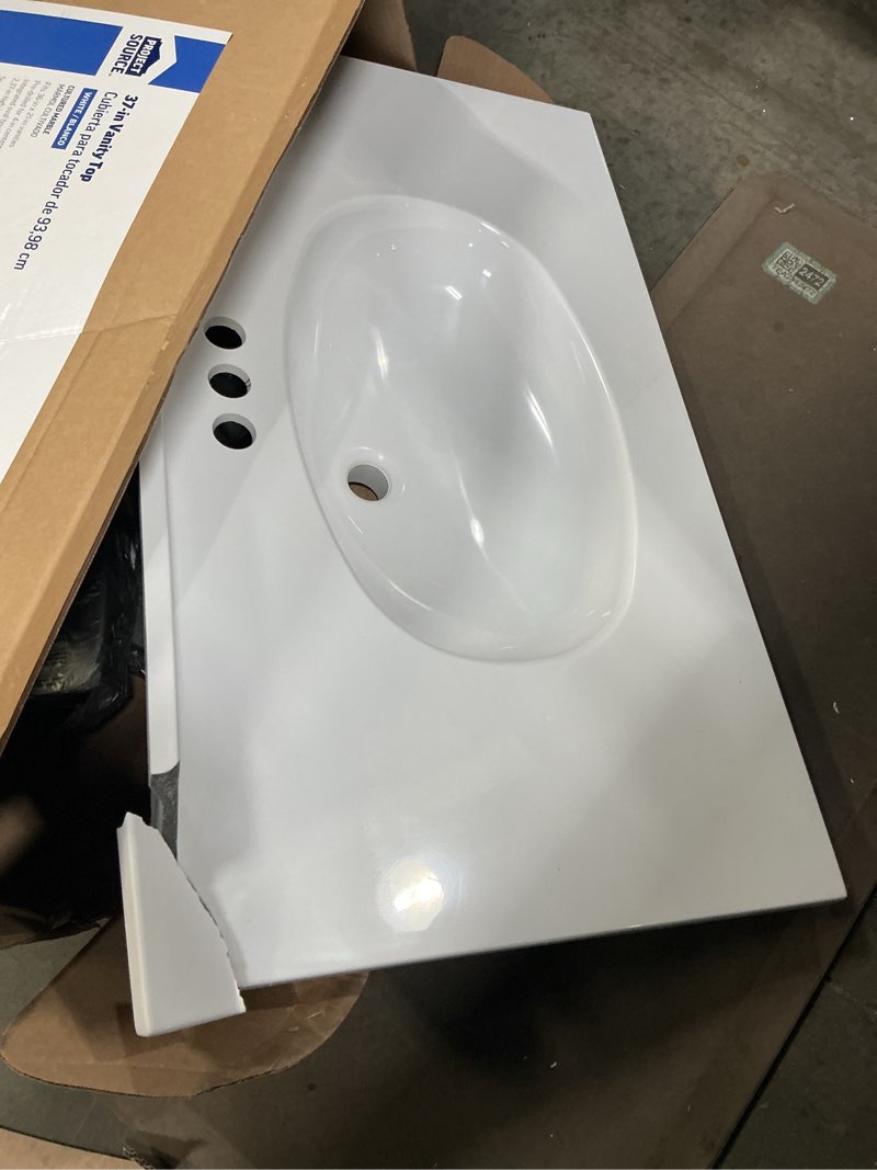 Condition photo showing As Is for 100+ bought last week Project Source 37-in x 22-in White Cultured Marble Single Sink 4-in Centerset Faucet Mount Bathroo