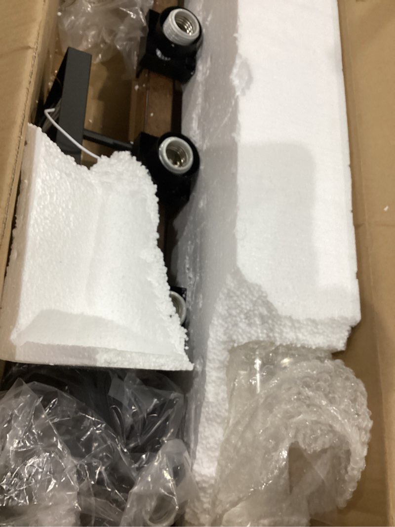 Condition photo showing Good Condition for similar)volisun 5-light bathroom light fixtures, matte black bathroom vanity light over mirror, modern vanity light for bathroom with milky white frosted glass shades (bulbs excluded) black 5-light)