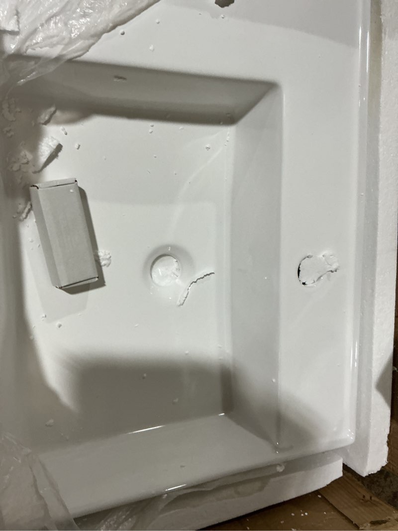 Condition photo showing As Is for Comllen 11×11×4 Wall Mounted Bathroom Vessel Sink with Towel Rack,Wall Hung Porcelain Ceramic Sink,White Floating Rectangular Lavatory Vanity Small Bathroom Sink With Single Faucet Hole and Overflow 11inch white