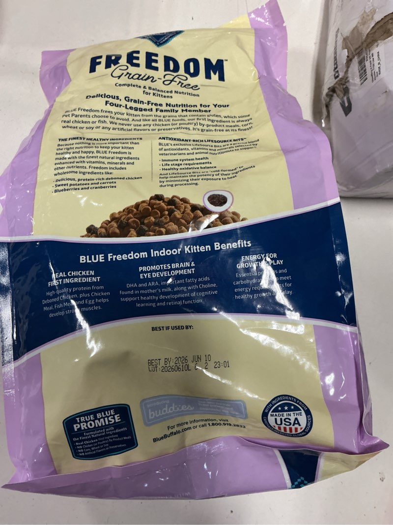 Condition photo showing New/Like New for bb 6/10/26 blue buffalo freedom grain-free indoor dry kitten food with dha, complete & balanced nutrition for k