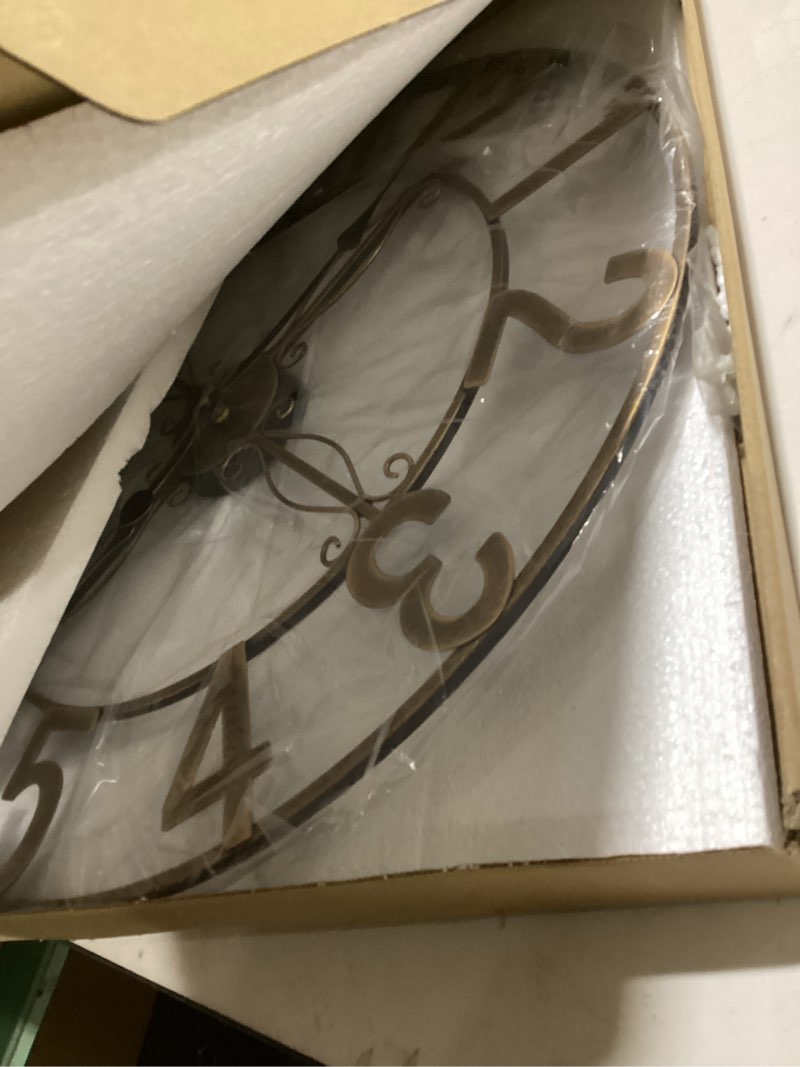 Condition photo showing New/Like New for 24 inch Wall Clock, Large Wall Clocks for Living Room, Decorative Metal Round Clock Battery-Operated Silent Non Ticking Retro Rustic Arabic Numerals Analog, Bronze Bronze Arabic Number 24 Inch